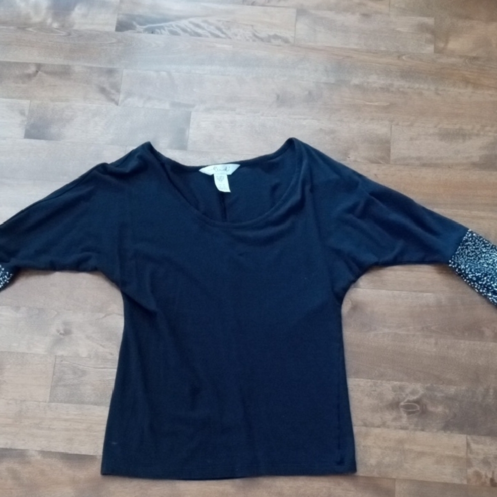 Black Sequin 3/4 Sleeve Women's Top - Picture 7 of 10